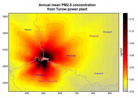 Hodnoty znečištění vzduchu jemnými prachovými částicemi. Měření je z roku 2017, před technologickým vylepšením elektrárny (BAT).