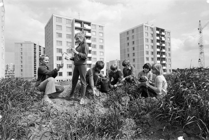 Děti si hrají během budování sídliště F2 v Olomouci, 1977.