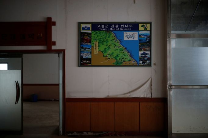 A tourist map of Goseong hangs on a wall