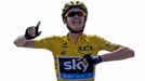 Race leader's yellow jersey Team Sky rider Christopher Froome of Britain crosses the finish line to win the 242.5 km fifteenth stage of the centenary Tour de France cycli