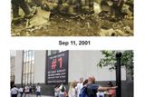Záchranáři na Ground Zero 11. září 2001 a stav chodníku 4. srpna 2011.