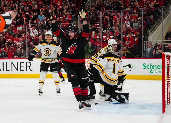 Oct 31, 2024; Raleigh, North Carolina, USA;  Carolina Hurricanes right wing Andrei Svechnikov (37) celebrates his goal against the Boston Bruins during the first period a