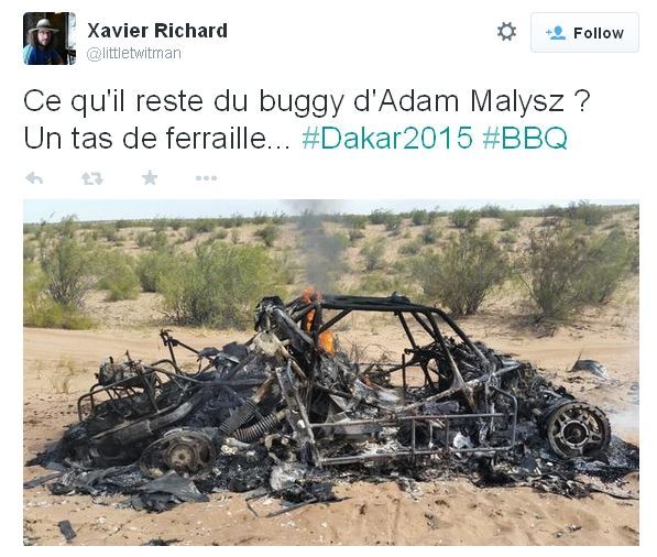 Ohořelá bugina Adama Malysze na Rallye Dakar 2015.