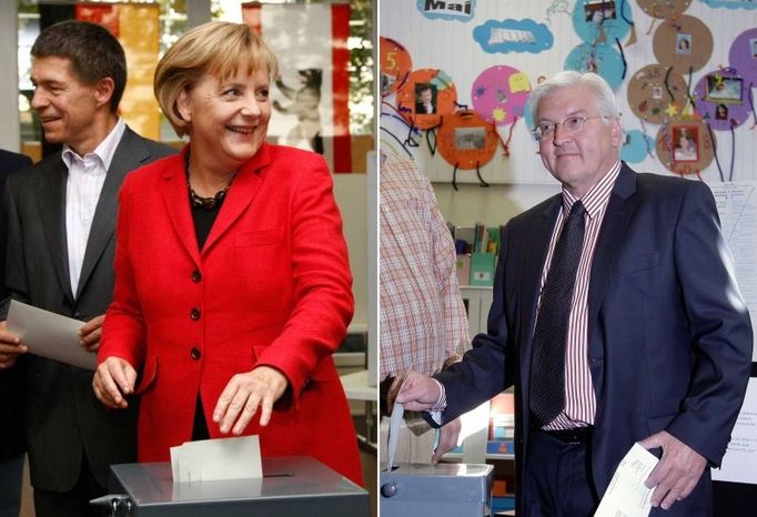 Rivalové odvolili. Nalevo kancléřka Angela Merkelová, napravo její vyzyvatel Frank-Walter Steinmeier.