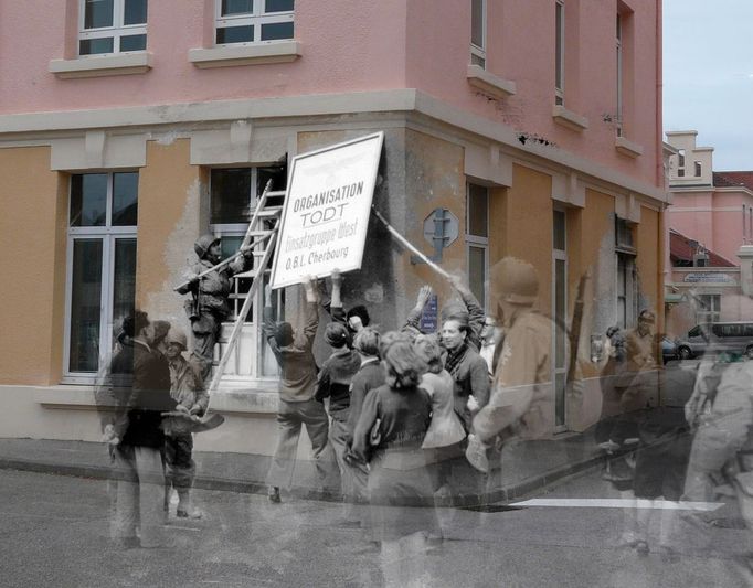 Ghosts of war - France; cleaning up Two photos combined, the past and the present collide. France, 1944. rue Dom Pedro à Cherbourg Keep updated when I make more photos like these by liking my page on facebook; www.facebook.com/thenandnowghostsofhistory Thanks (Merci) to claude.demeester who took the modern day photo and Michel Le Querrec who has an amazing collection of WW2 photos on flickr; www.flickr.com/photos/mlq/