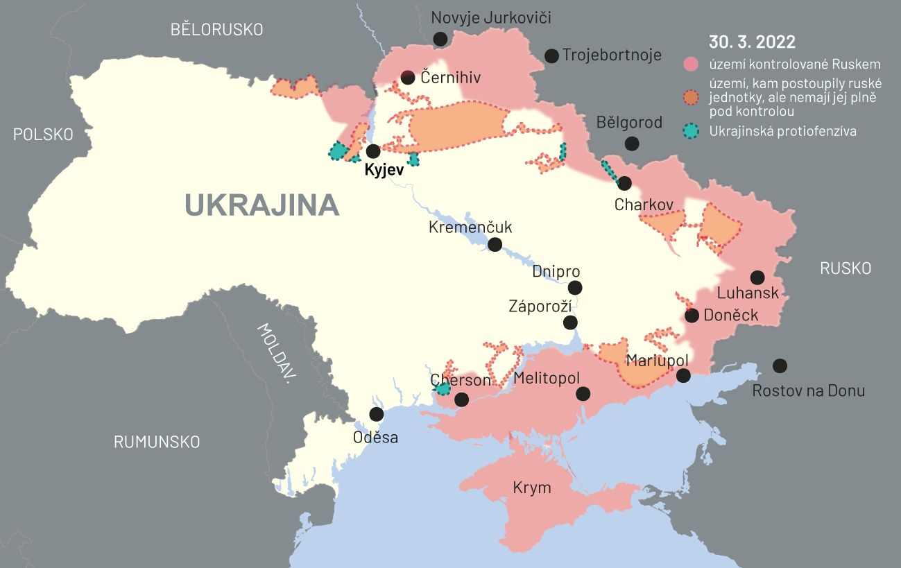 30. březen 2022: Mapa bojů na Ukrajině