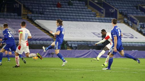Abdallah Sima dává gól v odvetě  2. kola Evropské ligy Leicester  - Slavia