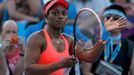 Sloane Stephens of the United States acknowledges the crowd after defeating Yaroslava Shvedova of Kazakhstan in their women's singles match at the Australian Open 2014 te