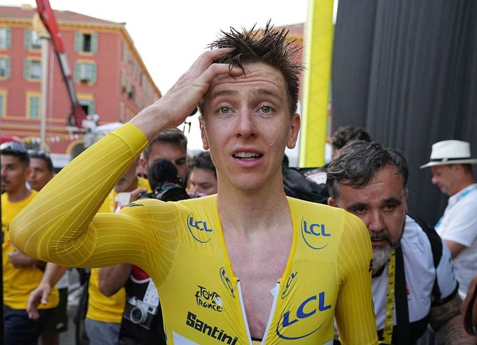 Cycling - Tour de France - Stage 21 - Monaco to Nice - Monaco, France - July 21, 2024 UAE Team Emirates' Tadej Pogacar reacts after winning stage 21 and winning the Tour