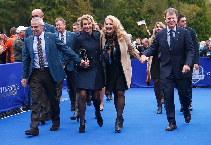 U.S Team captain Tom Watson and his wife Heather and their Team Europe counterparts Paul McGinley and his wife Alison leave the opening ceremony of the 40th Ryder Cup at