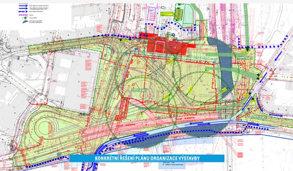 Modré šipky značí automobilovou dopravu, přerušované fialové čáry zase tramvaje. Zelené čtverečky jsou stanoviště jeřábů.