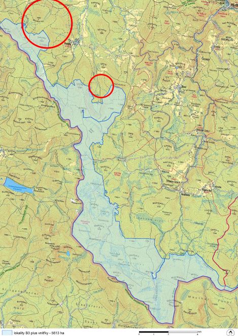 Mapa navrhovaného území s omezeným vstupem. Červeně jsou označeny místa, kde bylo území po projednání s obcí Prášily rozšířeno (Ždánidla, Prášilské jezero) | Foto: NP Šumava