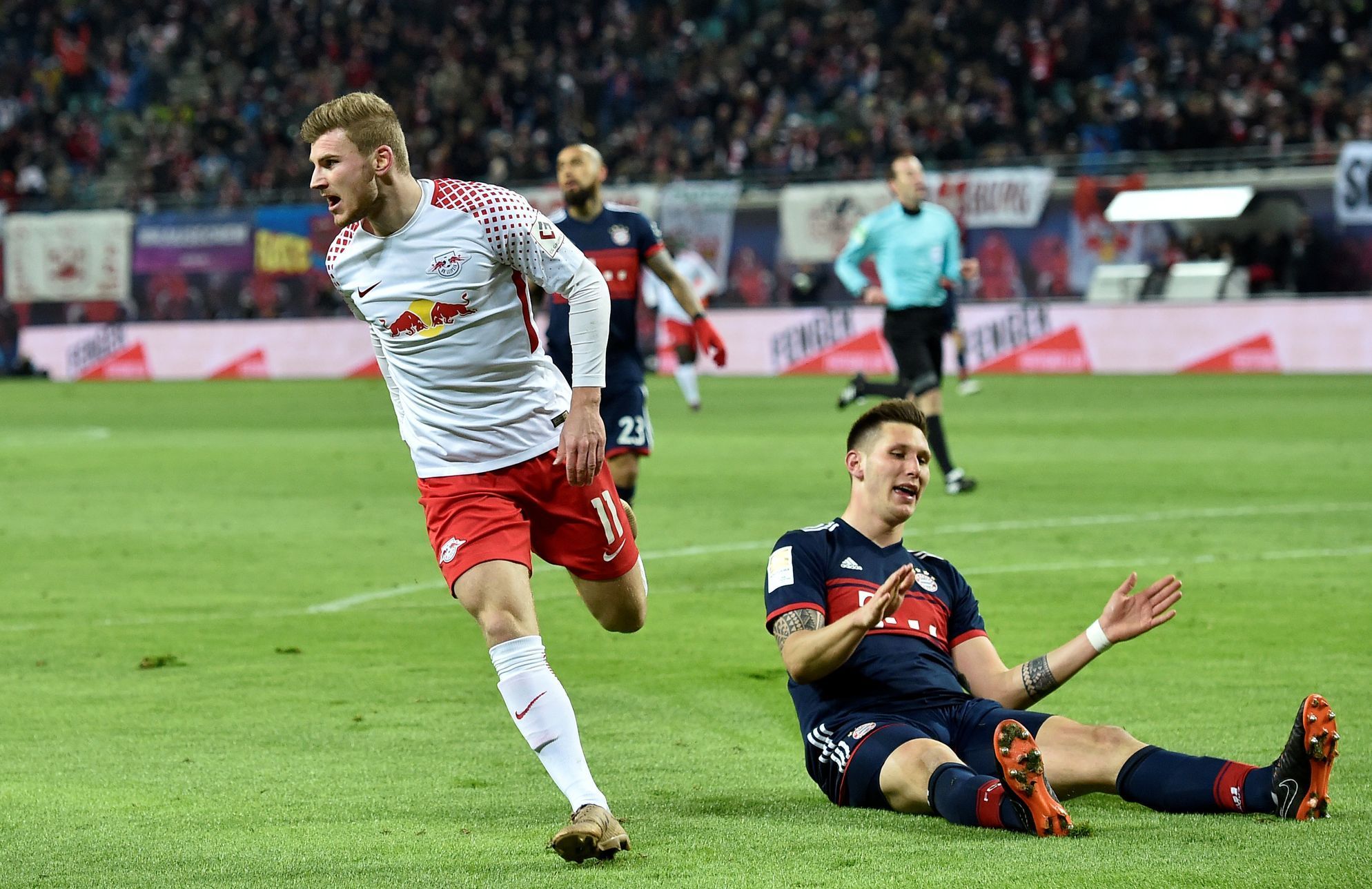 fotbal, německá liga 2017/2018, Lipsko - Bayern Mnichov (2:1), Timo Werner slaví gól