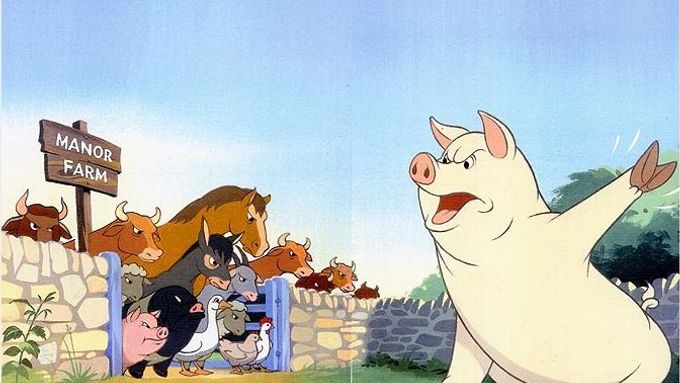 Záběr z animované adaptace Farmy zvířat.