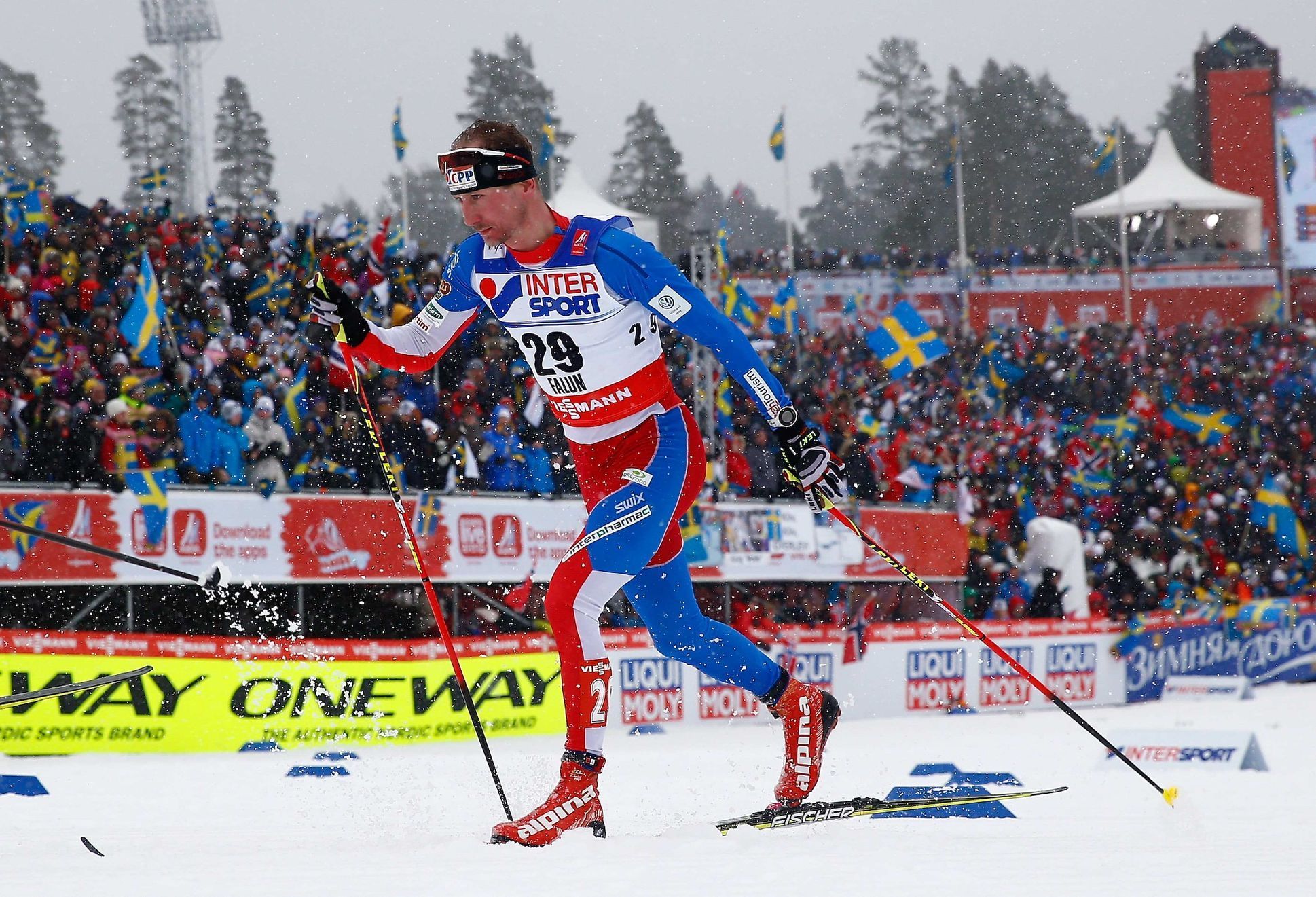 Bauer of the Czech Republic competes in the men's cross country 50 km mass start classic race during heavy snowfall at the Nordic World Ski Championships in Falun