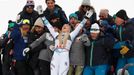 Alpine Skiing - FIS Alpine World Ski Championships - Women's Downhill - Are, Sweden - February 10, 2019 - Bronze medalist Lindsey Vonn of the U.S. celebrates. REUTERS/Leo