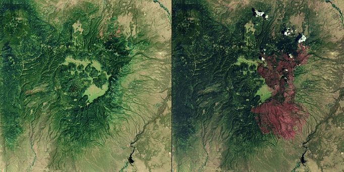 http://climate.nasa.gov/state_of_flux#Fire_NewMexico.jpg Whitewater Baldy Complex Fire, New Mexico Las Conchas, New Mexico. Left: June 24, 2011. Right: July 2, 2011. A ma