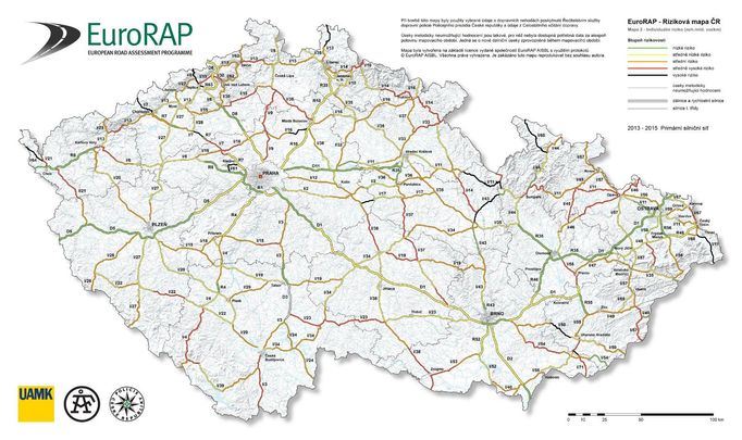 Mapa hlavních silnic ČR podle nehodovosti