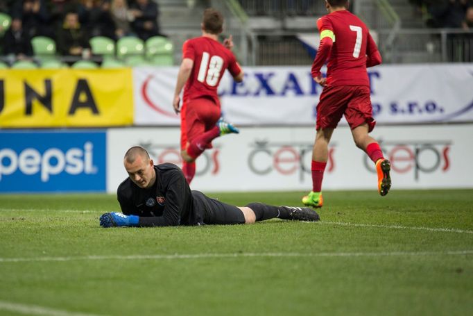 Zdeněk Linhart a Aleš Čermák slaví gól proti slovenskému brankáři Adriánu Chovanovi