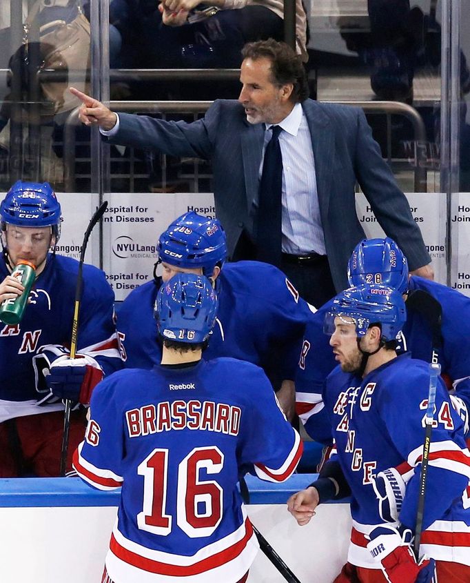 New York Rangers head coach John Tortorella shouts at a linesman (not pictured) during a time out as they play the Boston Bruins during the third period in Game 4 of thei