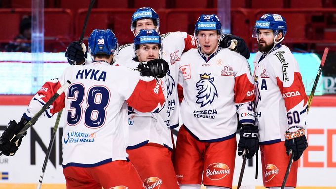 Radost českých hokejistů v utkání proti Rusku na Švédských hrách
