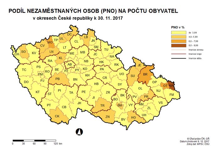 Mapa nezaměstnanosti v okresech, leden 2017.