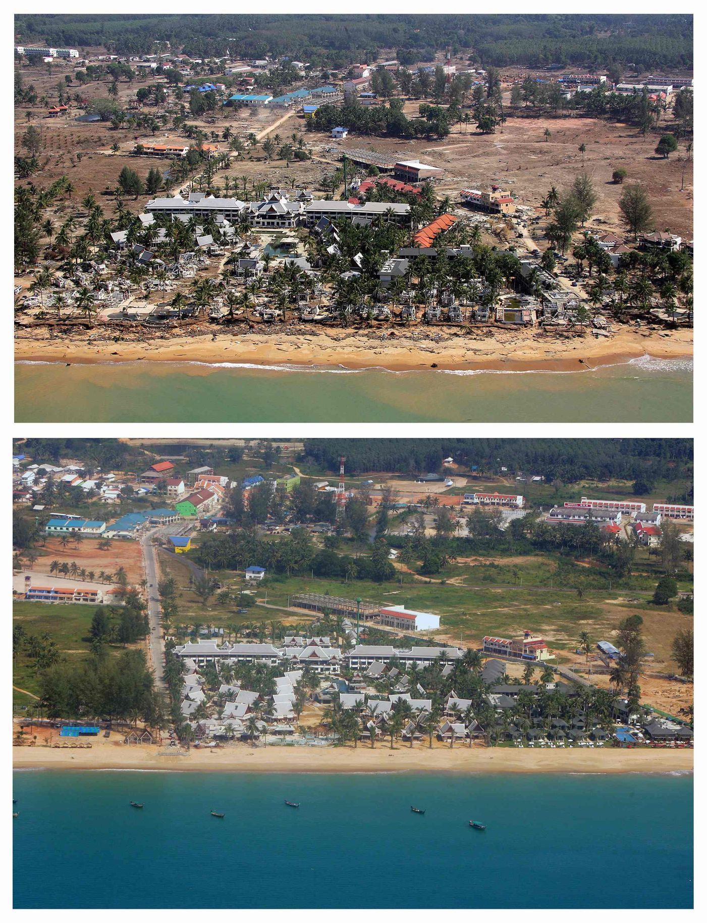 Vesnice Kchao Lak na ostrově Pchúket přesně před rokem (nahoře) a dnes