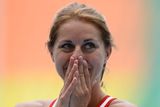 Eliška Klučinová, česká naděje v sedmiboji, začala na MS dvěma osobními rekordy. Takhle se blaženě culila po přeskočení výšky 186 centimetrů.