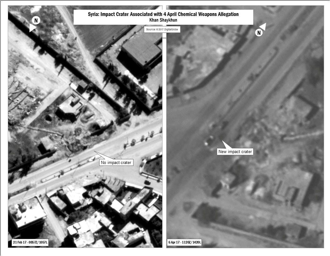 Pentagon zveřejnil satelitný záběry z Chán Šajchúnu před útokem a po útoku 4.dubna.