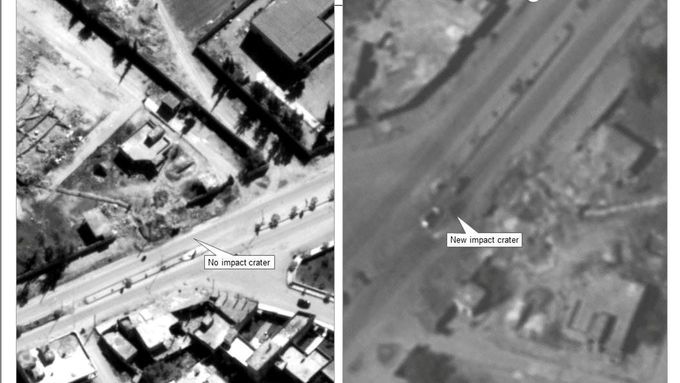Pentagon zveřejnil satelitný záběry z Chán Šajchúnu před útokem a po útoku 4.dubna.