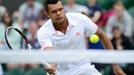 Francouzský tenista Jo-Wilfried Tsonga v utkání s Američanem Mardy Fishem během Wimbledonu 2012.