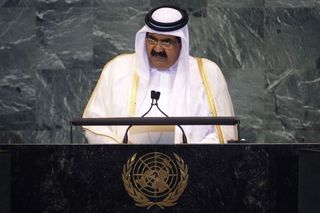 Katarský emír Hamád Chalífa Sání při projevu ve Valném shromáždění OSN.