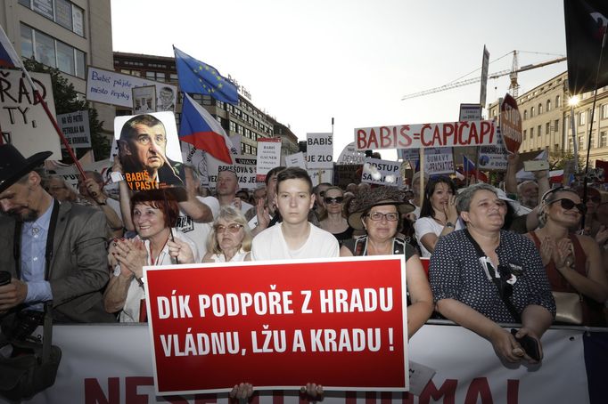 Záběr z demonstrace „Máme toho dost! Chceme demisi!“ proti Andreji Babišovi a Marii Benešové na Václavském náměstí.  4. 6. 2019.