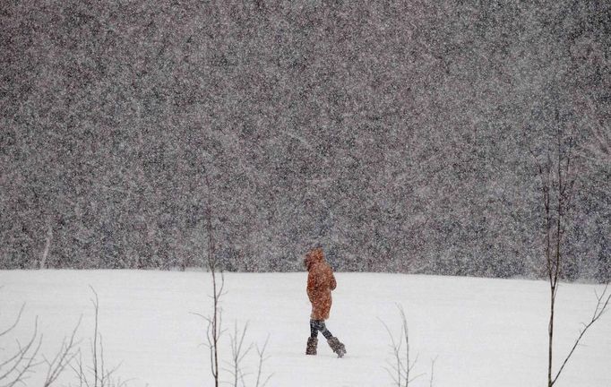 A woman walks during heavy snowfall in the Belarus capital of Minsk March 12, 2013. REUTERS/Vasily Fedosenko (BELARUS - Tags: ENVIRONMENT) Published: Bře. 12, 2013, 10:56 dop.