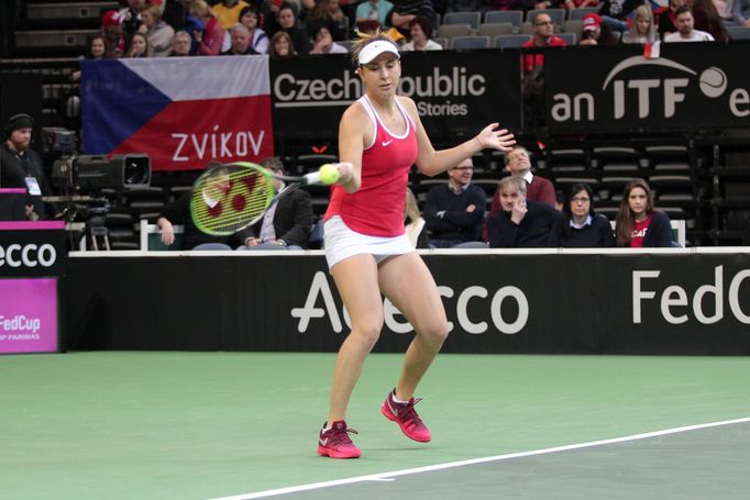 Druhý hrací den 1. kola Fed Cupu 2018 mezi Českem a Švýcarskem v Praze