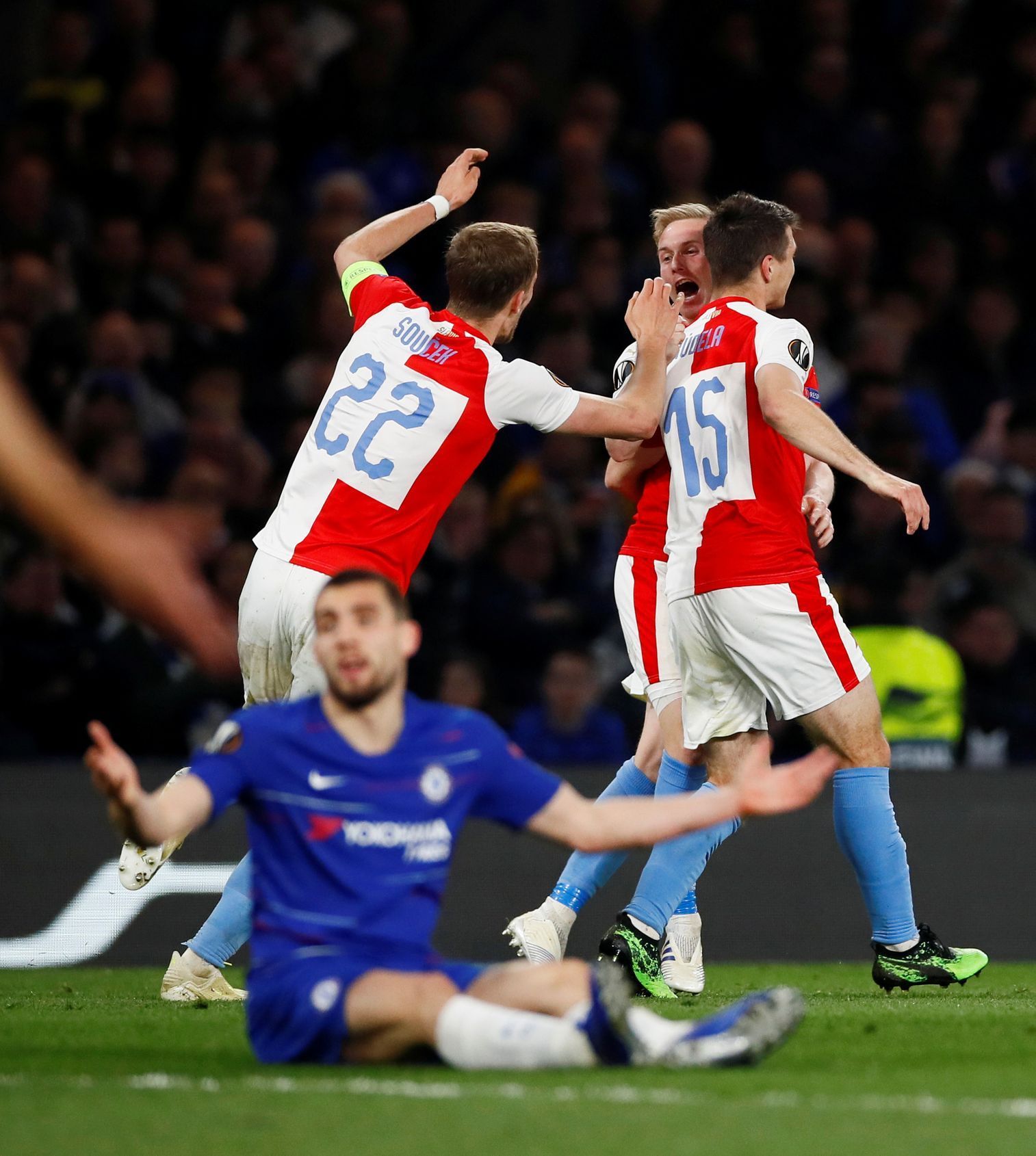 fotbal, odveta čtvrtfinále Evropské ligy, Chelsea - Slavia, Petr Ševčík slaví jeden ze svých dvou gólů