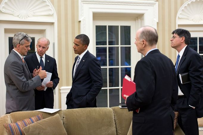 Sept. 11, 2012 "Denis McDonough, Deputy National Security Advisor, left, updates the President and Vice President on the situation in the Middle East and North Africa. National Security Advisor Tom Donilon and Chief of Staff Jack Lew are at right."