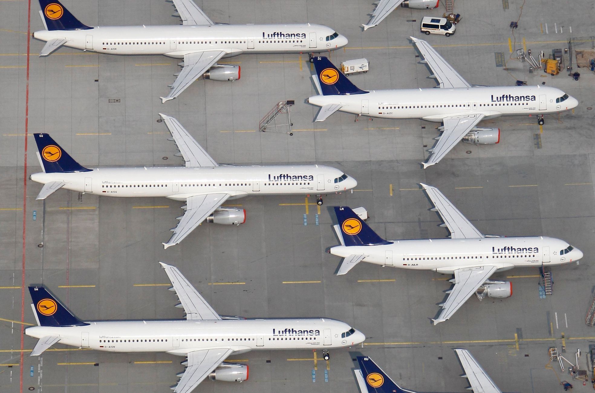 File aerial photo shows Lufthansa planes parked on the tarmac of the closed Frankfurt's airport