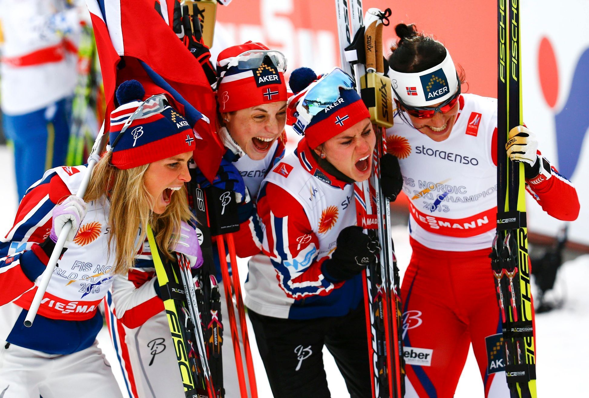 Team Norway celebrates winning the women's cross country free/classic 4 x 5 km relay final at the Nordic World Ski Championships in Falun