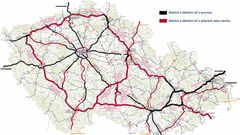 mapa - Propojení krajských měst dálnicemi, rychlostními silnicemi, a silnicemi I.tříd