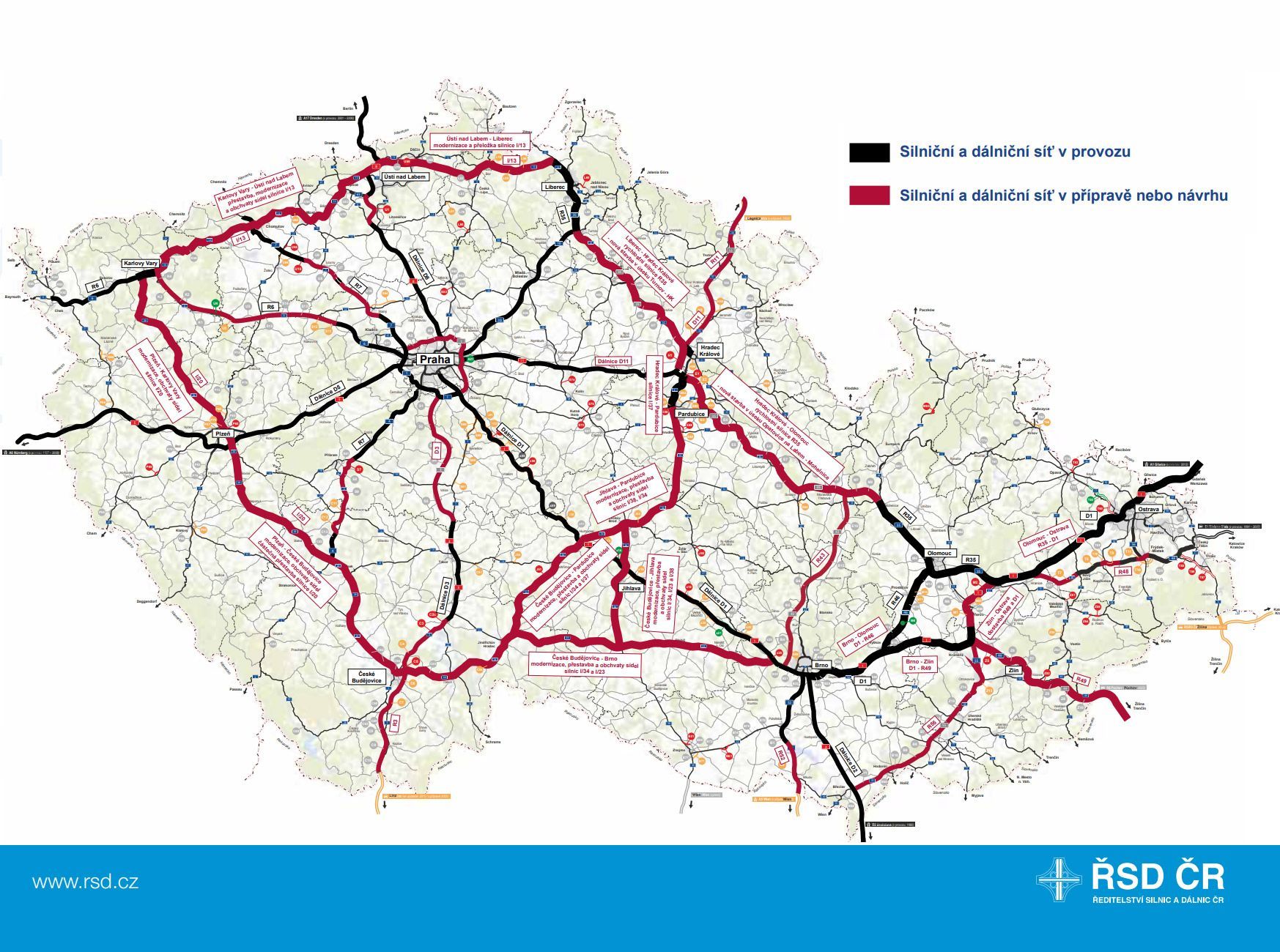 mapa - Propojení krajských měst dálnicemi, rychlostními silnicemi, a silnicemi I.tříd