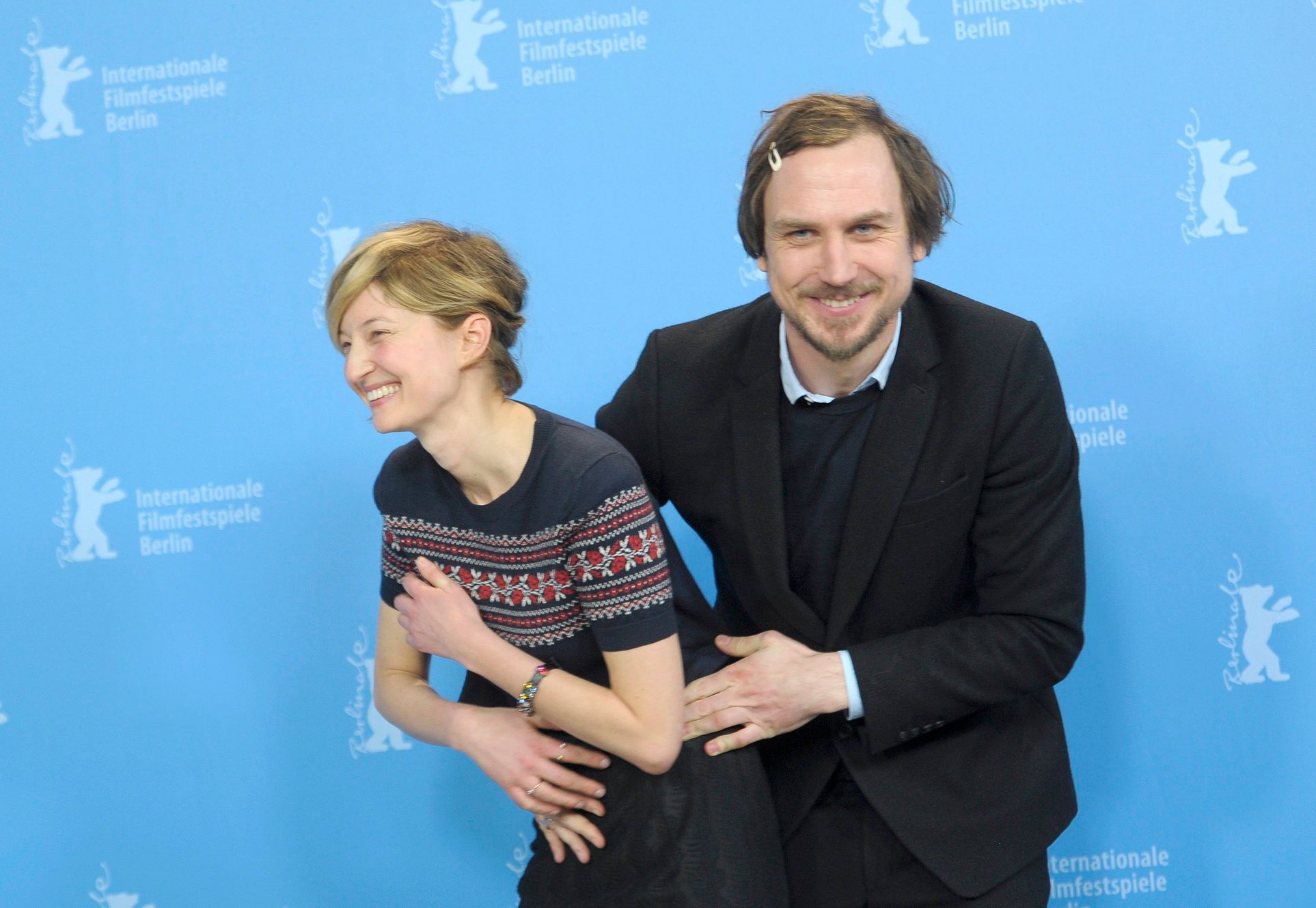 Actors Rohrwacher and Eidinger joke during photocall at 65th Berlinale International Film Festival in Berlin