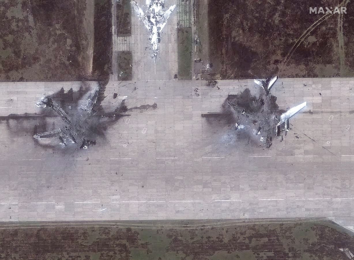 A satellite image shows destroyed TU 95 aircrafts in the aftermath of a drone strike at the Belaya air base