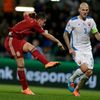 Alcacer of Spain scores past Skrtel Slovakia during their Euro 2016 qualification soccer match at the MSK stadium in Zilina