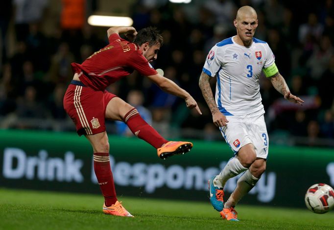 Alcacer of Spain scores past Skrtel Slovakia during their Euro 2016 qualification soccer match at the MSK stadium in Zilina