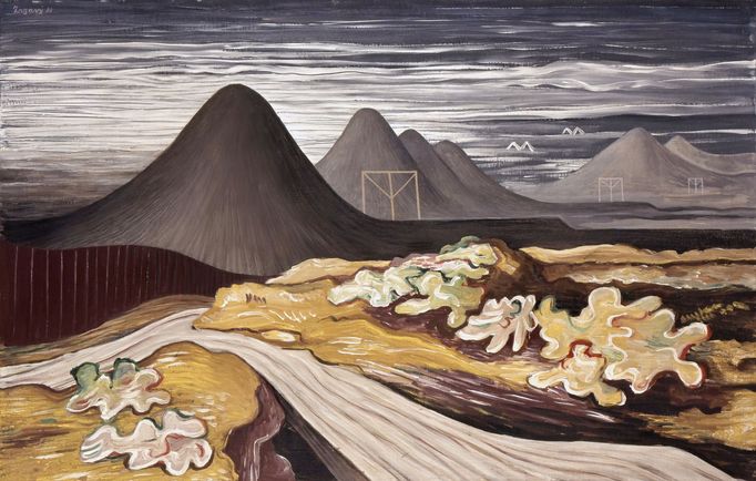 Jan Zrzavý: Ostravské haldy II, 1933, olej, plátno, překližka, 66x100 cm.