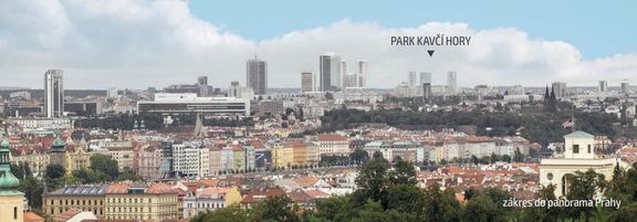 Pohled na připravovaný projekt Park Kavčí hory v rámci panorama Prahy.