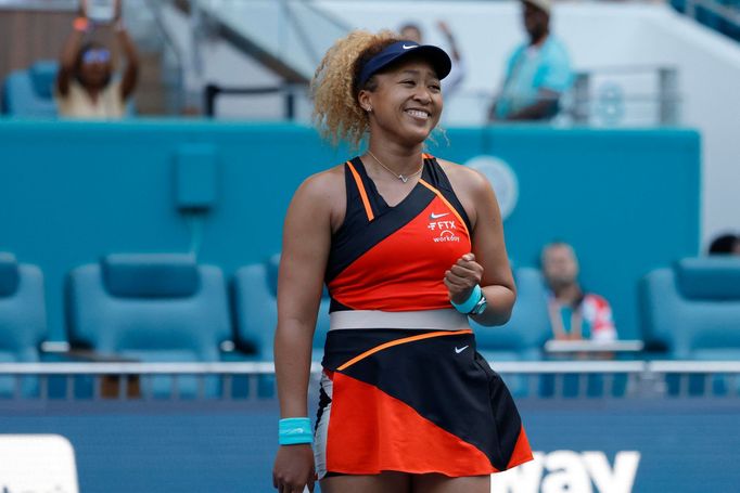 Mar 31, 2022; Miami Gardens, FL, USA; Naomi Osaka (JPN) celebrates after match point against Belinda Bencic (SUI)(not pictured) in a women's singles semifinal in the Miam