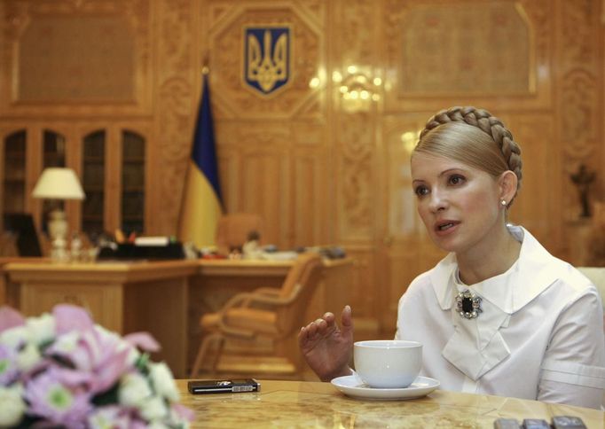 Handout photo of Yulia Tymoshenko speaking in her cabinet of the Ukrainian prime minister in Kiev