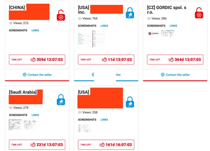 Seznam aukcí, které momentálně na portálu hackerů probíhají. K dispozici jsou i údajná data firem z USA, Číny a Saúdské Arábie.